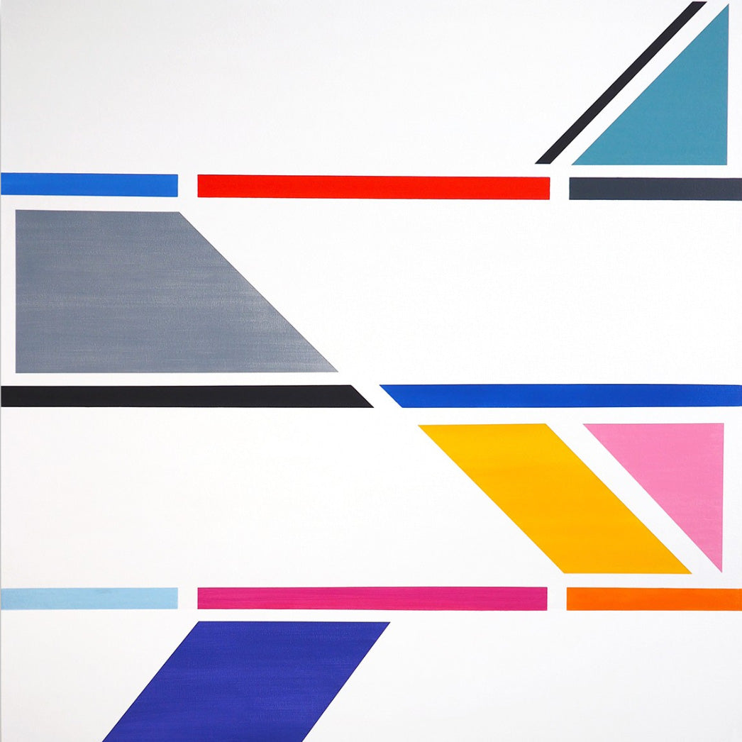 Abstract geometric artwork featuring a white background with painted color blocks and angular shapes in blue, red, gray, black, yellow, pink, orange, and purple.
