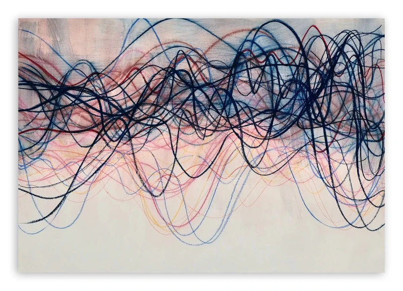 Abstract wall art featuring a dense, chaotic scribble pattern of black, blue, red, and pink lines across a light beige background.