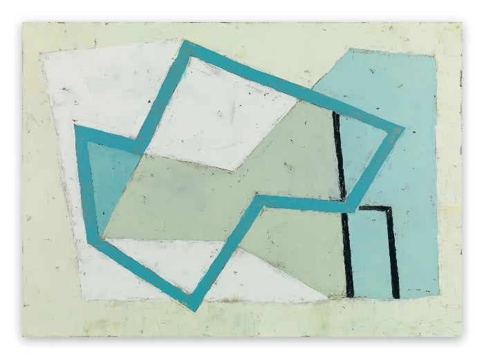 An abstract geometric painting featuring overlapping polygonal shapes in teal, light blue, pale sage green, and white, set against a textured off-white background.