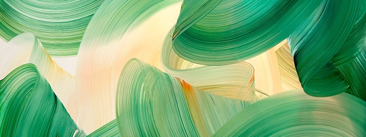 Abstract art print featuring flowing, layered brushstrokes in shades of green and cream.