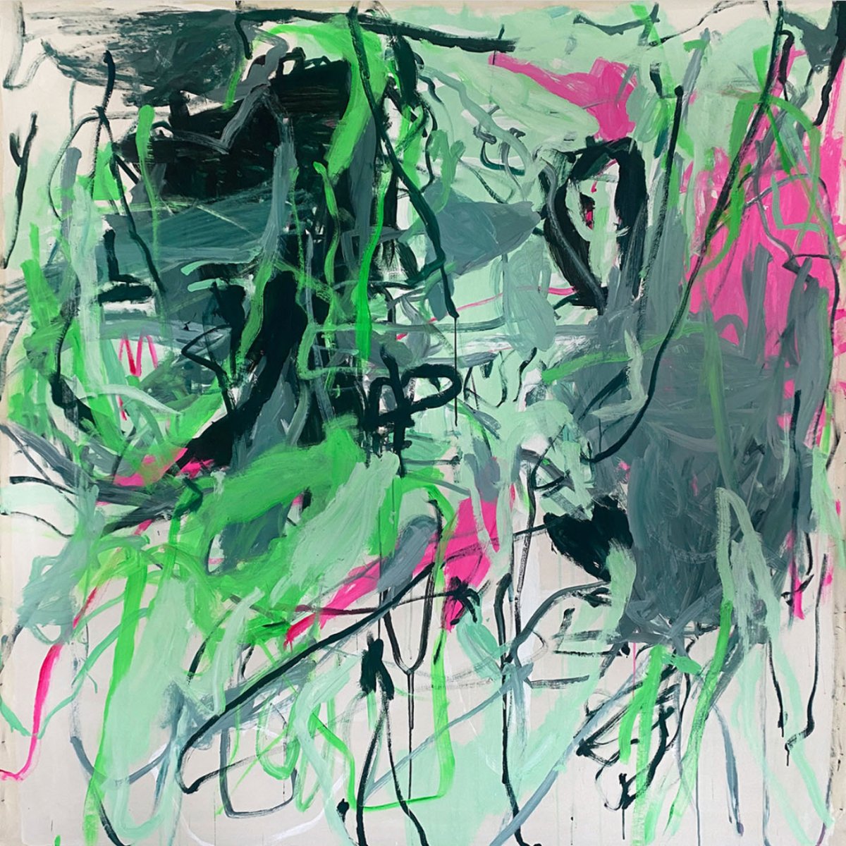 Abstract expressionist painting with energetic, gestural brushstrokes in vibrant green, black, gray, and bright pink on a white canvas, painted by Macha Poynder