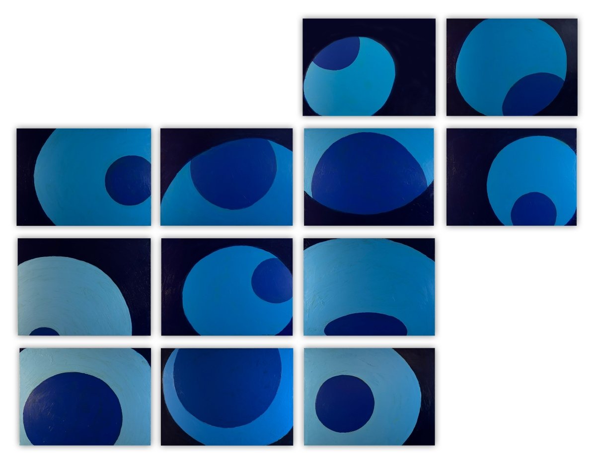 Over, Under and Through (in 100 chapters), set of twelve panels, #s l-r, bottom to top: 6,5,4,9,8,7,12,13,14,15,22,21) - by Macyn Bolt - Abstract Painting - Ideelart